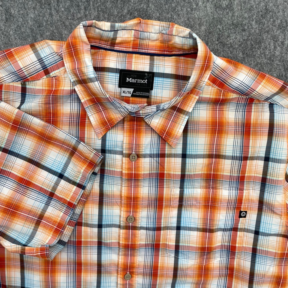 Marmot Shirt Mens XL Short Sleeve Button Up Plaid Hiking Orange Blue Pocket